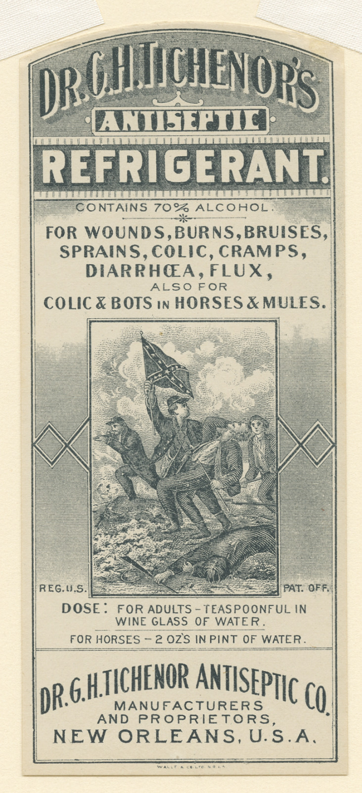 Vintage advertisement for Dr. G. H. Tichenors Antiseptic Refrigerant, featuring a soldier with an American flag. Lists uses such as for wounds, burns, and cramps. Produced by Dr. G. H. Tichenor Antiseptic Co. in New Orleans, USA.