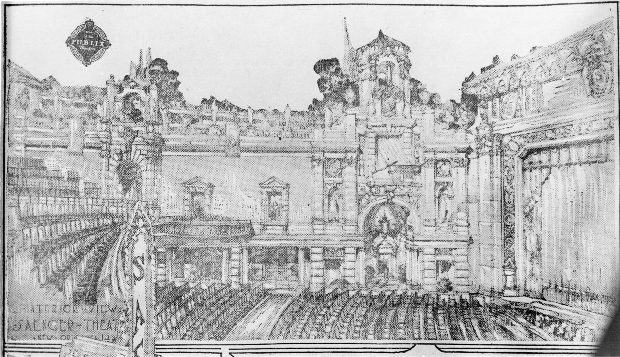 A detailed architectural sketch of a grand theater interior, showcasing ornate decorations, columns, arches, and a central stage. Rows of empty seating fill the foreground, and intricate design elements adorn the walls and ceilings.