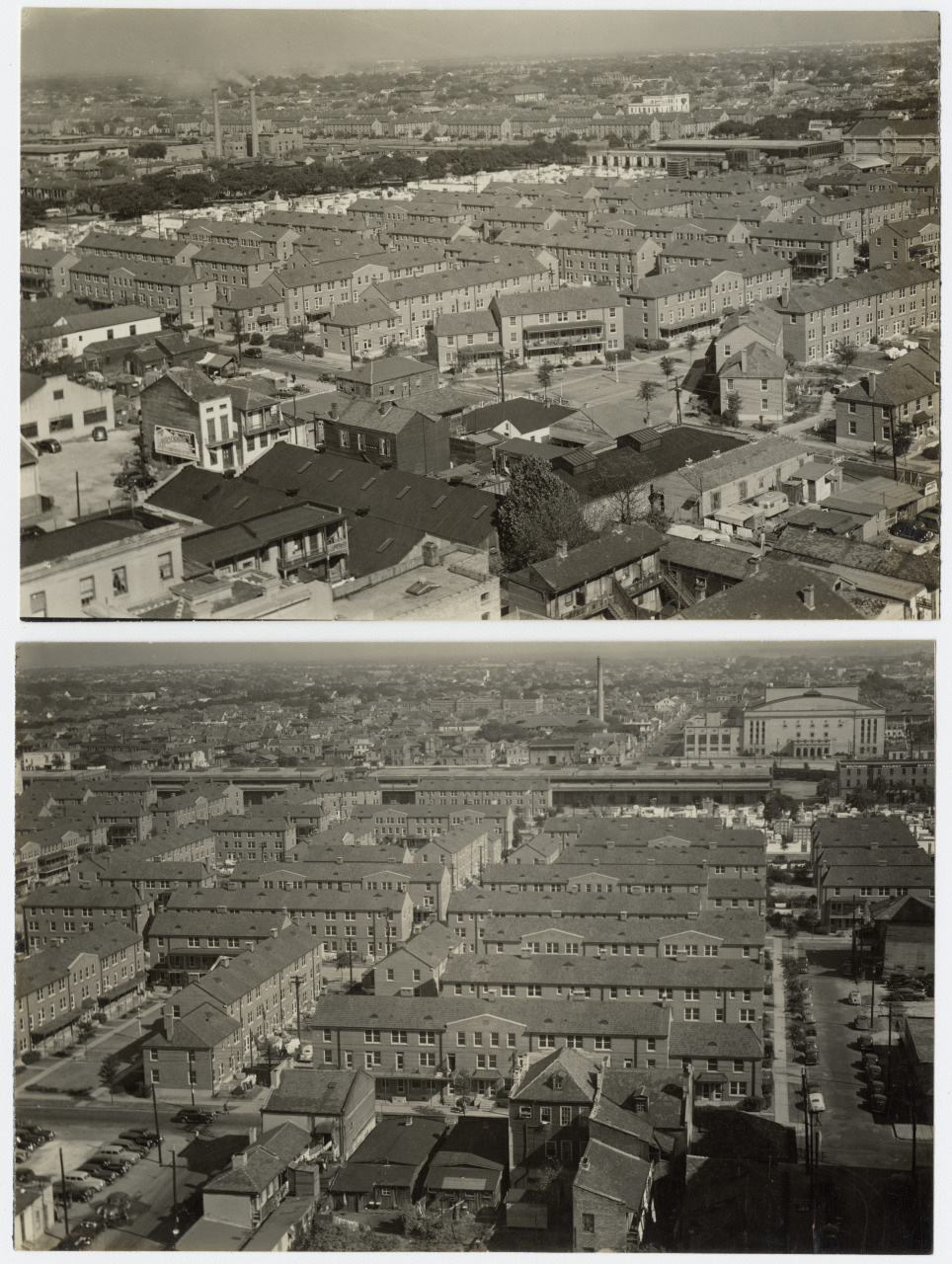 Two sepia-toned aerial photographs depict a densely packed urban landscape, showcasing tightly clustered rows of buildings. The images highlight the uniform architectural style and grid pattern of the streets, set against a distant industrial backdrop.