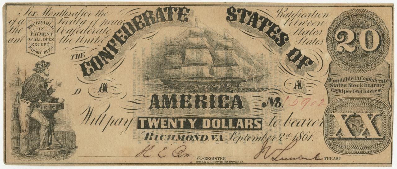 A Confederate States of America twenty-dollar bill from 1861. It features an engraving of a sailing ship and a man carrying goods. Decorative text displays the denomination, location, and date of issue, with signatures and numerical annotations.