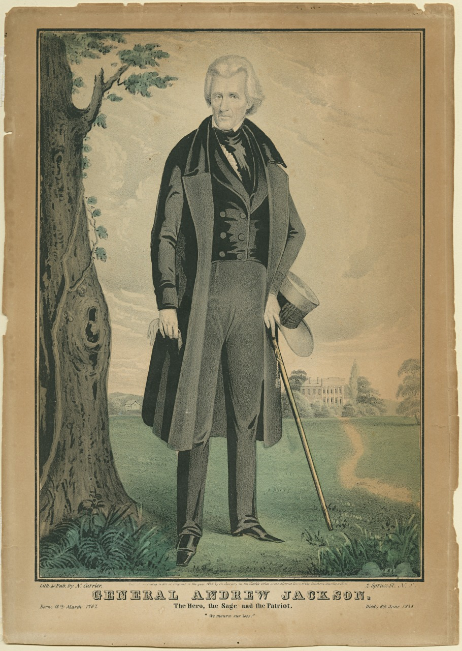 A vintage illustration of General Andrew Jackson standing outdoors. He wears a long coat and holds a cane in one hand, with one arm behind his back. Trees and a large house are visible in the background.