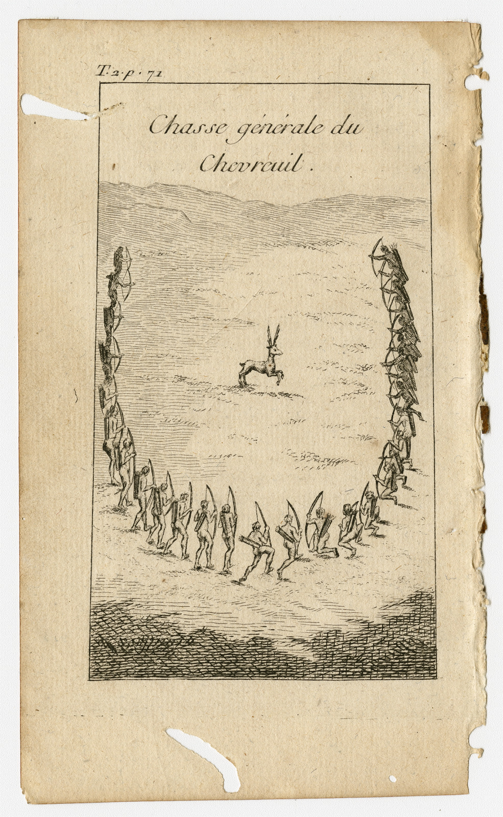 An illustration of a deer hunt from Vol. II of “Histoire de la Louisiane,” with a French title at the top.