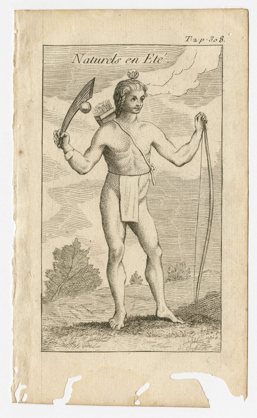 Illustration of an Indigenous man in summer clothing, from Vol. II of “Histoire de la Louisiane,” with a French title at the top.