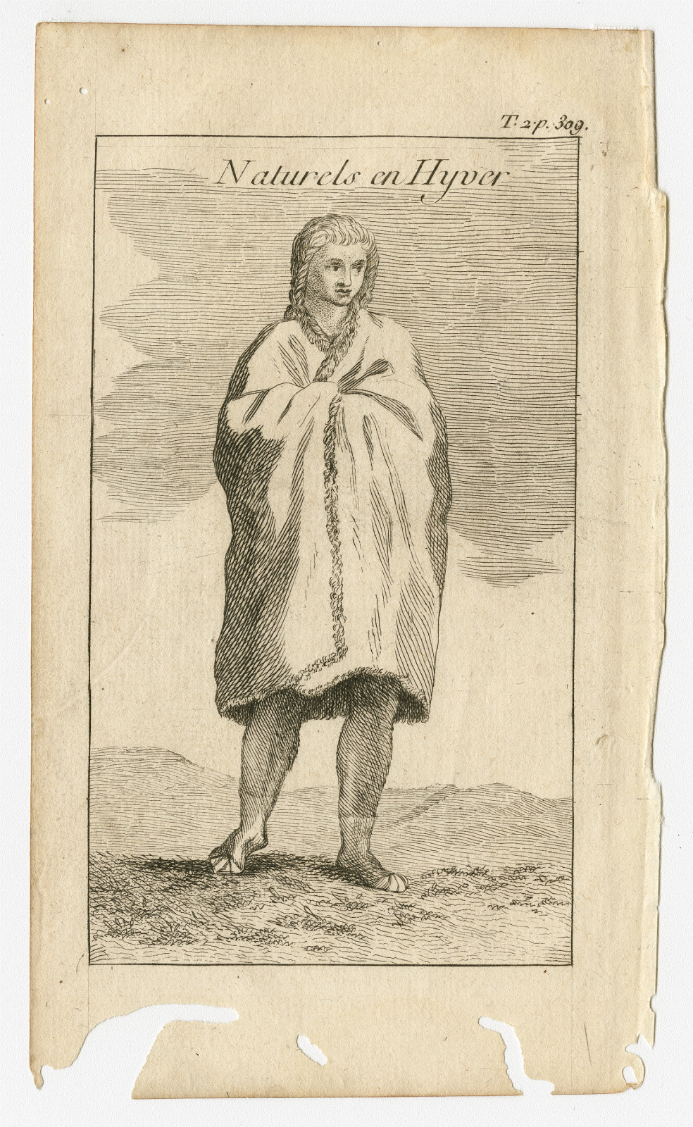 Illustration of an Indigenous man in winter clothing, from Vol. II of “Histoire de la Louisiane,” with a French title at the top.