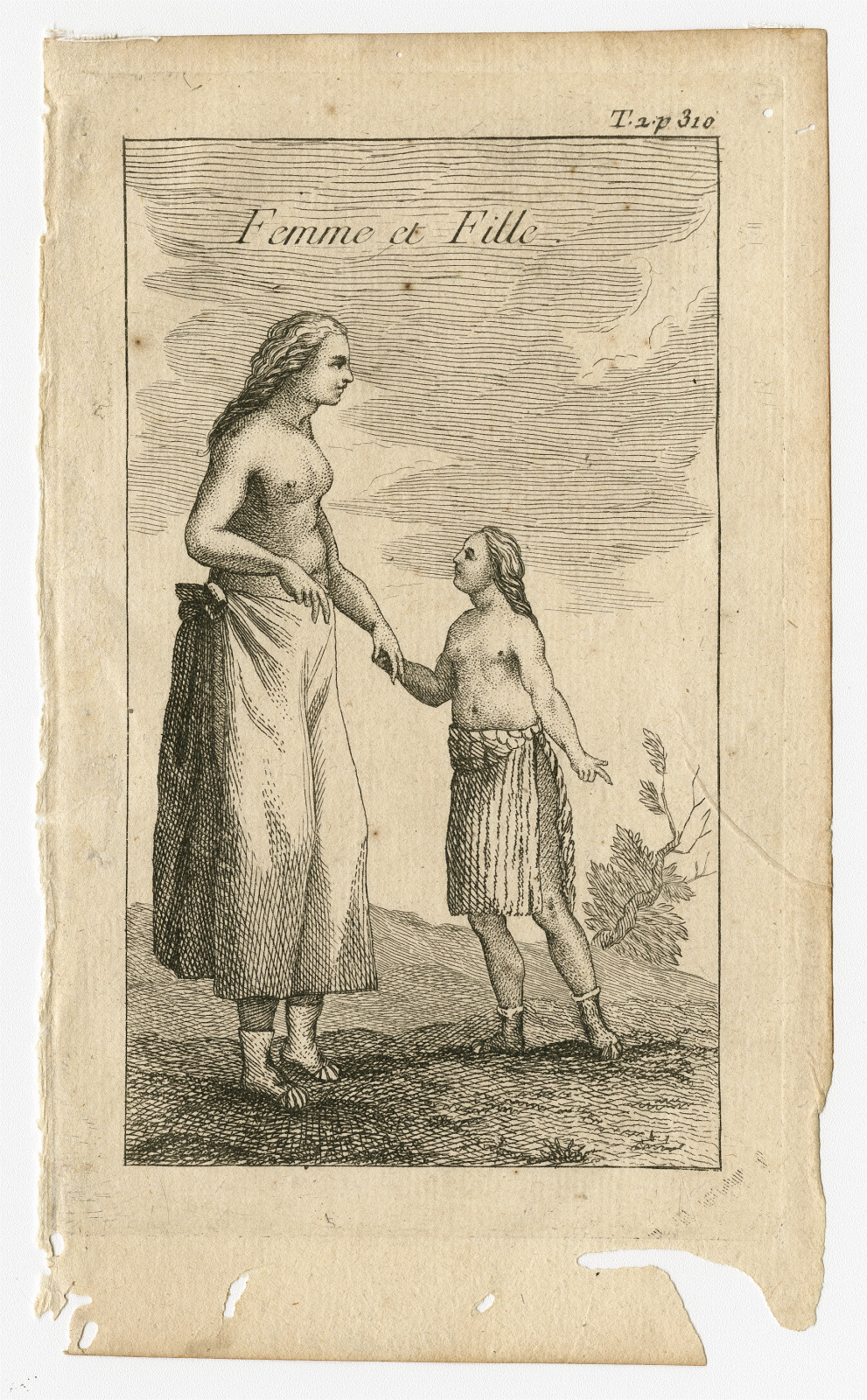 Illustration of an Indigenous woman and her daughter, from Vol. II of “Histoire de la Louisiane,” with a French title at the top.