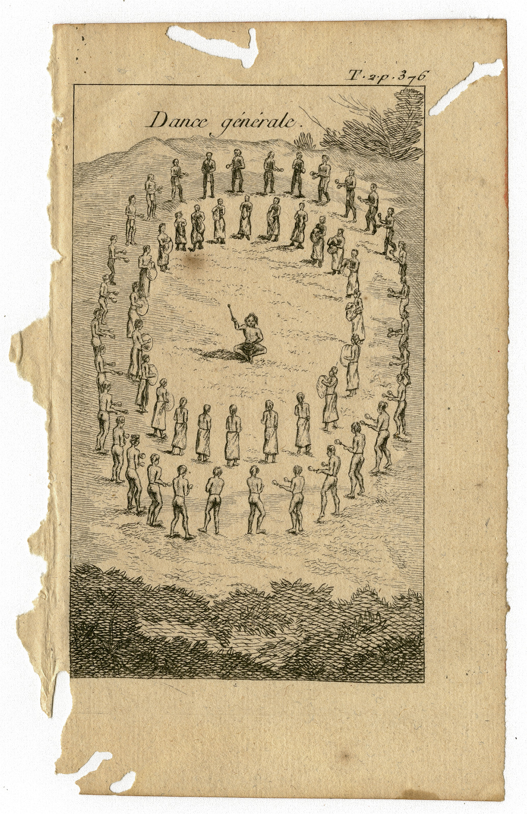 An illustration of Indigenous dancers arranged in two concentric circles, from Vol. II of “Histoire de la Louisiane,” with a French title at the top.