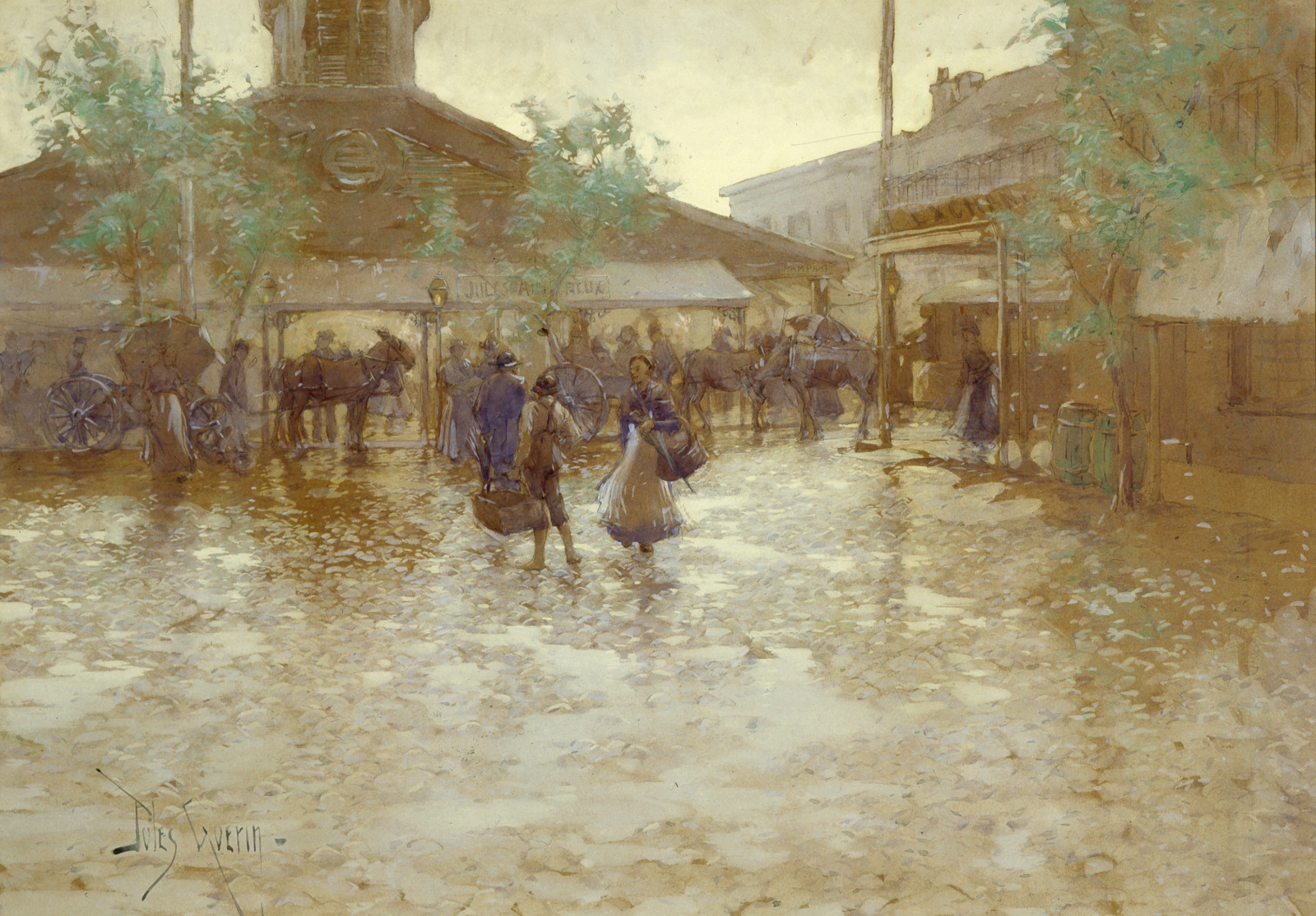 A vintage painting depicts a bustling cobblestone street scene with horses, carriages, and people. Two women walk in the foreground, dressed in 19th-century attire. A building with a clock tower is visible in the background.