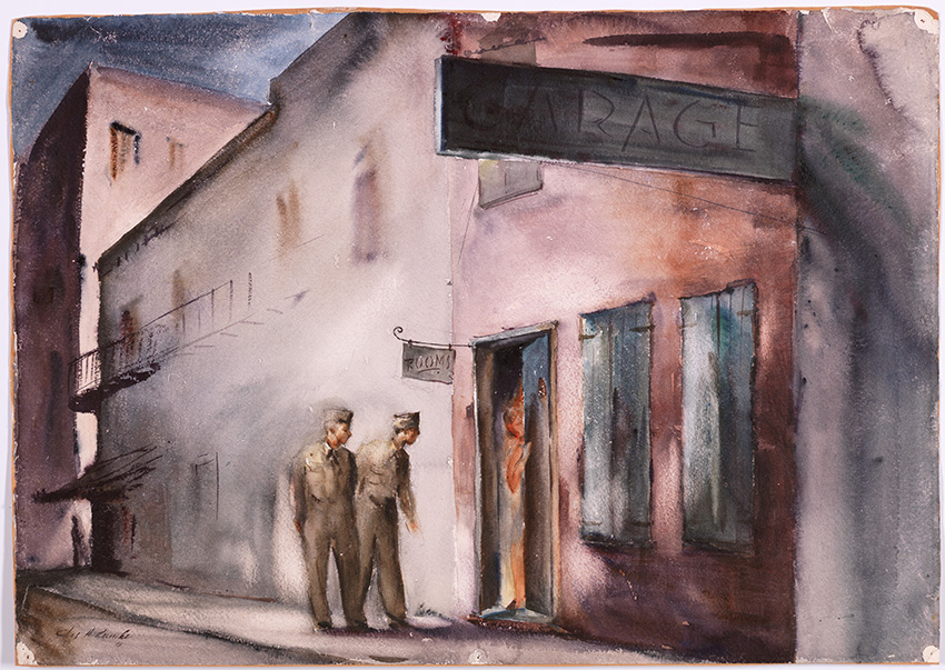 A watercolor painting of two uniformed men outside a building labeled GARAGE and ROOMS. The scene depicts a street with soft, blurred lines, suggesting dusk or an early evening atmosphere.