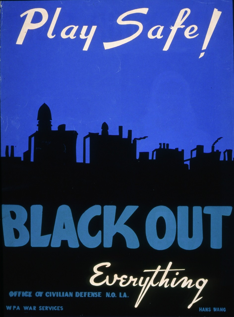 A vintage poster with a silhouetted city skyline against a dark blue background. The text reads Play Safe! BLACK OUT Everything in bold white and blue letters, promoting wartime blackout precautions from the WPA War Services.