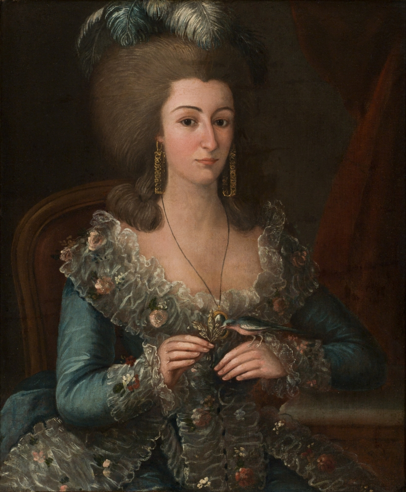A woman in an elaborate 18th-century gown with lace and floral details sits in a chair. She has a tall, powdered hairstyle adorned with feathers and wears large earrings. Her hands hold a small, ornate object, possibly a fan or locket.