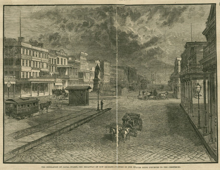 A historical illustration depicts Canal Street, New Orleans, with horse-drawn carriages on cobblestone roads. Buildings line the street under a cloudy sky. People are visible, engaging in daily activities, highlighting the streets busy atmosphere.