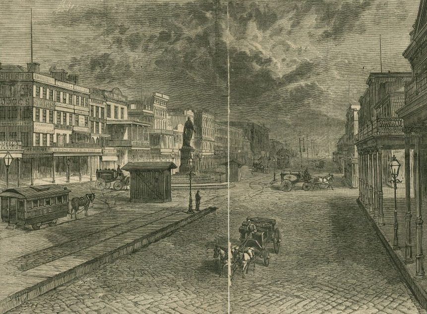 An old engraving of a bustling city street with horse-drawn carriages and a tram. Buildings line both sides of the cobblestone road. A statue is visible in the center background under a cloudy sky.