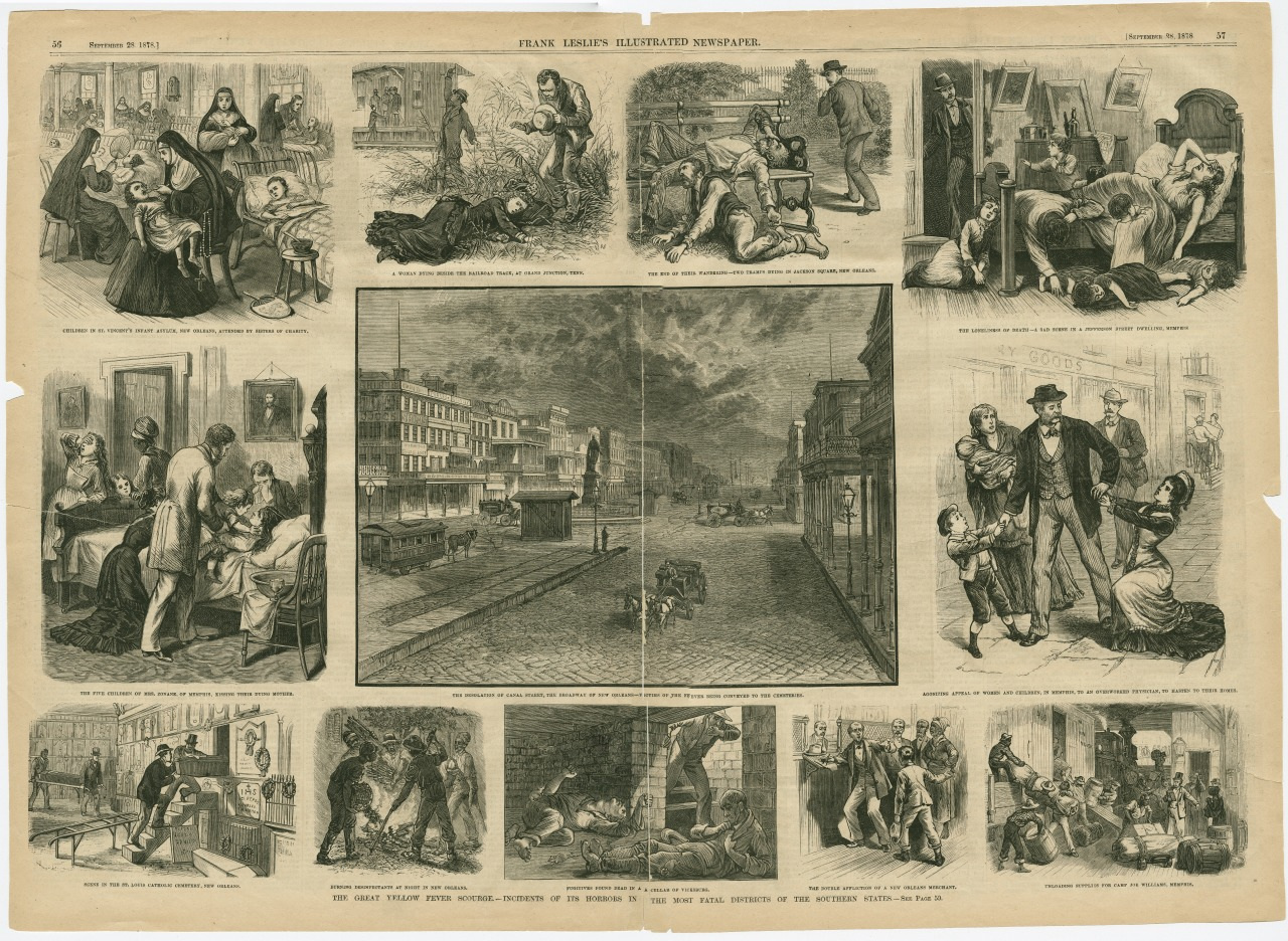 A vintage illustrated newspaper page showing ten separate scenes of urban life and events, including street gatherings, indoor activities, and social interactions from the 19th century. Central illustration depicts a busy city street.