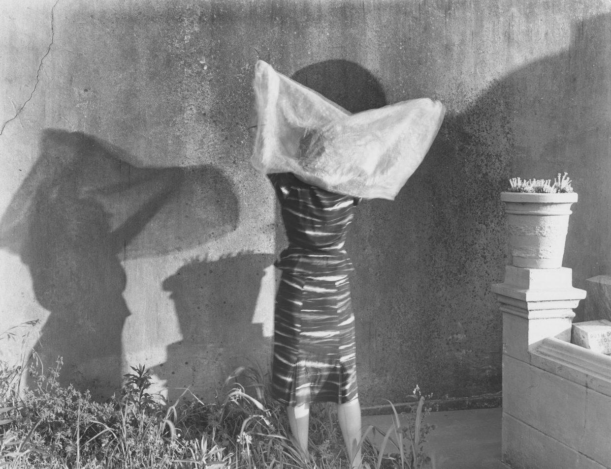 A person stands outdoors, holding a translucent fabric over their head against a textured wall. The shadow casts an intricate pattern on the wall. A potted plant and some grass are visible in the foreground.