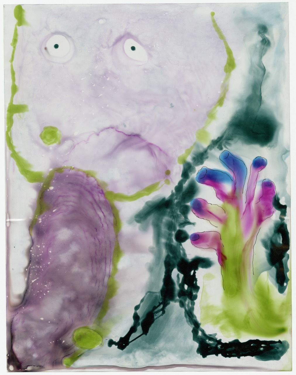 An abstract painting with fluid colors; a dominant purple shape with two small white dots resembling eyes. On the right, bright green with pink and blue accents forms a hand-like shape. Swirls of dark green and light green create a flowing background.