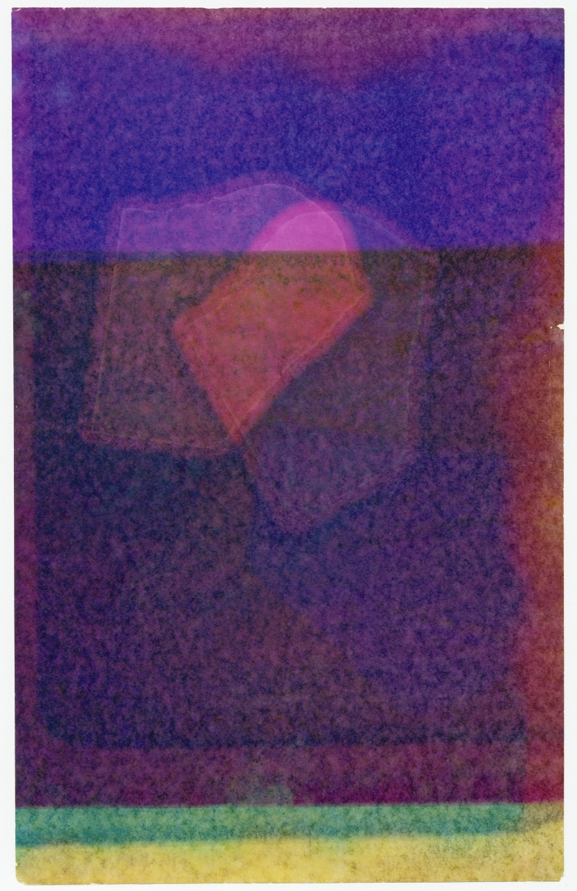 An abstract image with overlapping layers creating a gradient of colors from deep purple and blue at the top to warmer tones of red, orange, and yellow near the bottom. A faint rectangular shape is visible in the center.