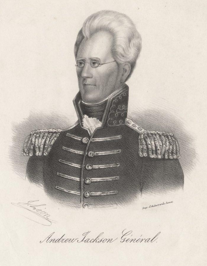 A black-and-white portrait illustration of a man in military uniform with ornate shoulder decorations and a high collar. Below the image, Andrew Jackson General is inscribed.