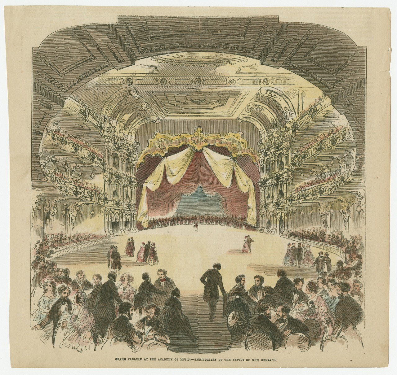 A vintage illustration of a grand theatrical opera house with ornate architecture. The audience is seated in balconies and on the floor, facing a stage adorned with curtains. The event is lively, with elegantly dressed attendees.