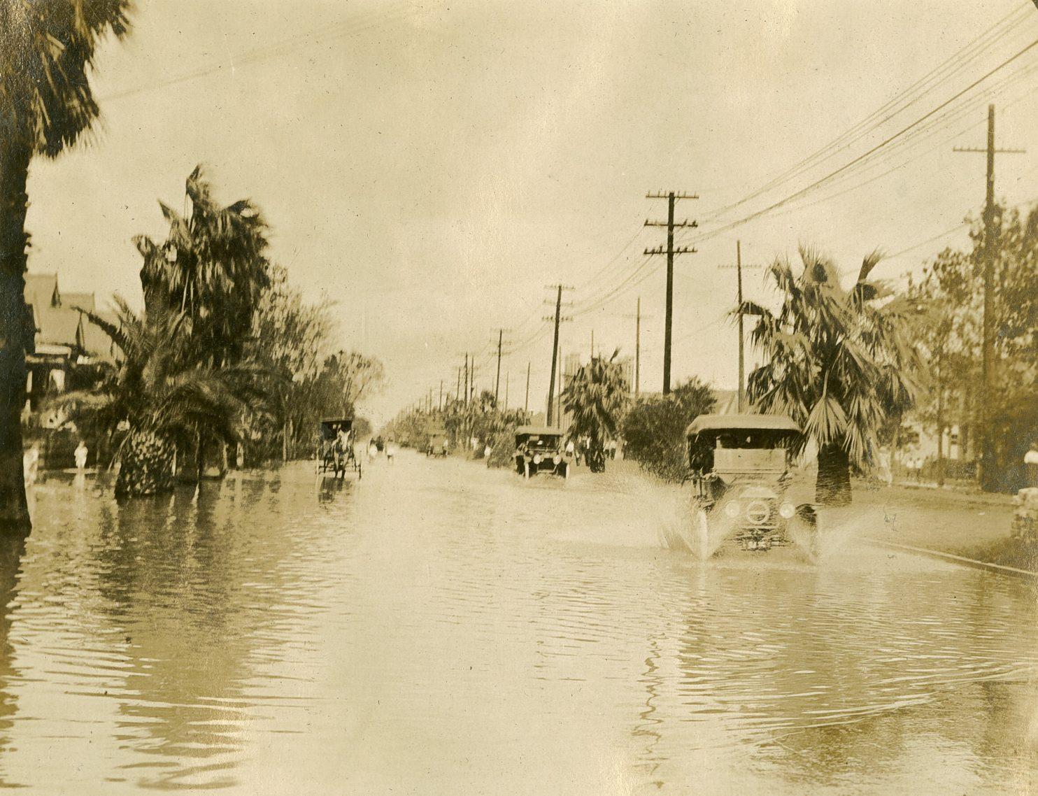 Sepia-toned photo of a flooded street with vintage cars driving through water. Palm trees line the road, and utility poles are visible on both sides. The scene suggests an early 20th-century setting.