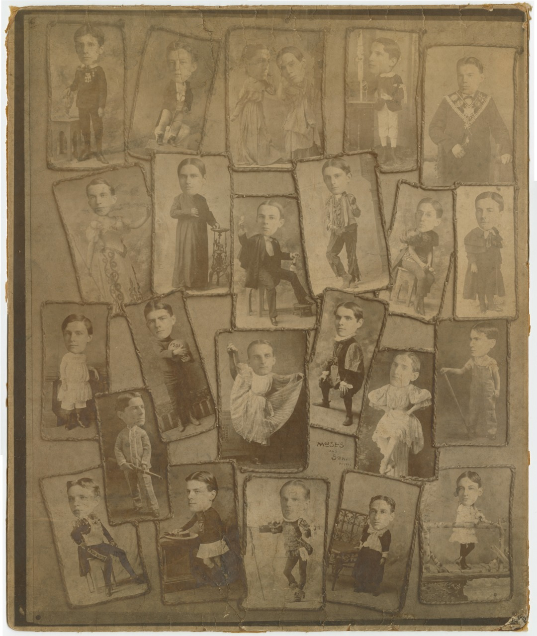 A vintage collage features numerous sepia-toned portraits of a young boy in various outfits. The images are arranged haphazardly, showing him posing in both formal and playful attire from the late 19th to early 20th century.