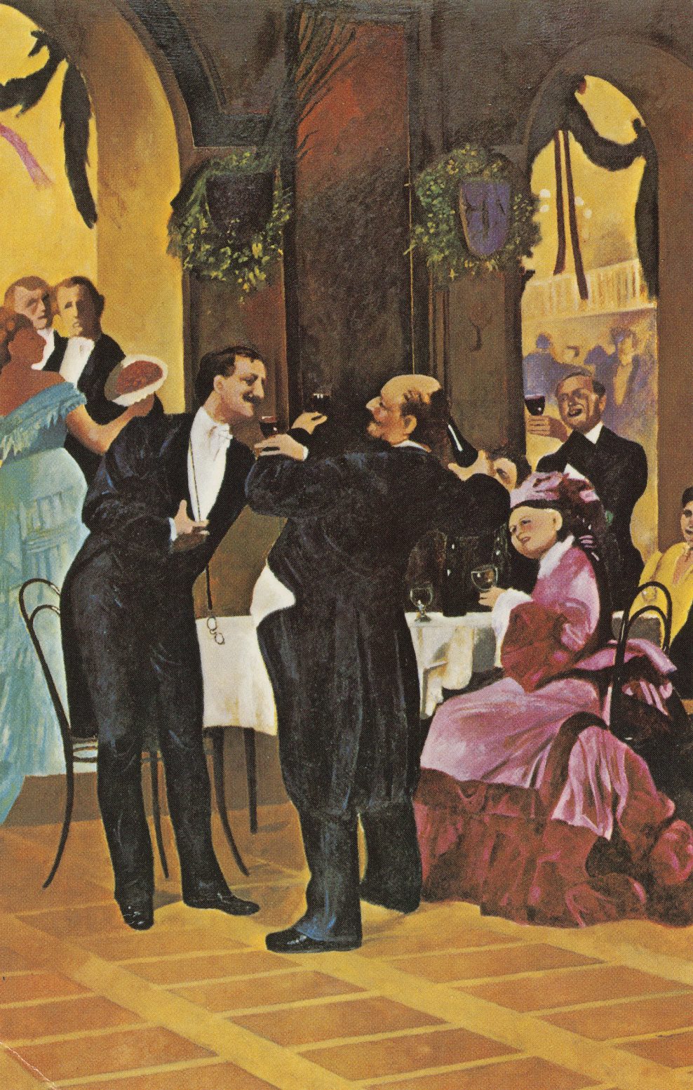 Postcard features an interior view of Antoine's Restaurant located on St. Louis Street in New Orleans, La. A group of men and women enjoy a toast near double columns leading to the main area at Antoine's Restaurant.