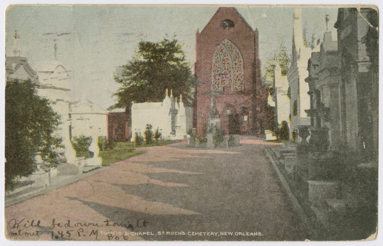 A vintage postcard depicts tombs and a chapel in St. Rochs Cemetery, New Orleans. The chapel features a large, arched stained glass window. Handwritten text notes the time as 7:45 PM. Tombs line the walkway under a clear sky.