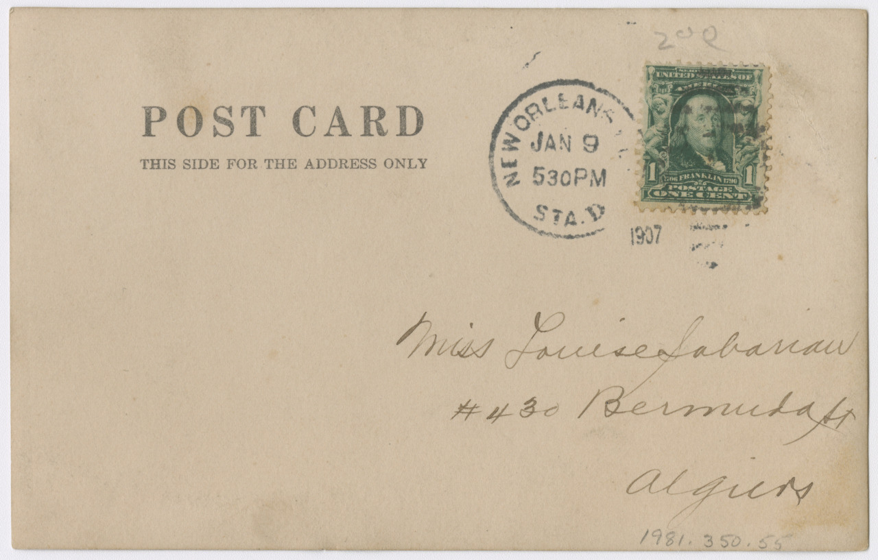 A vintage postcard with a green 1 cent U.S. postage stamp featuring Benjamin Franklin. Postmarked New Orleans, January 9, 1907. Addressed to Miss Louise Fabaram, #436 Bermuda St., Algiers.