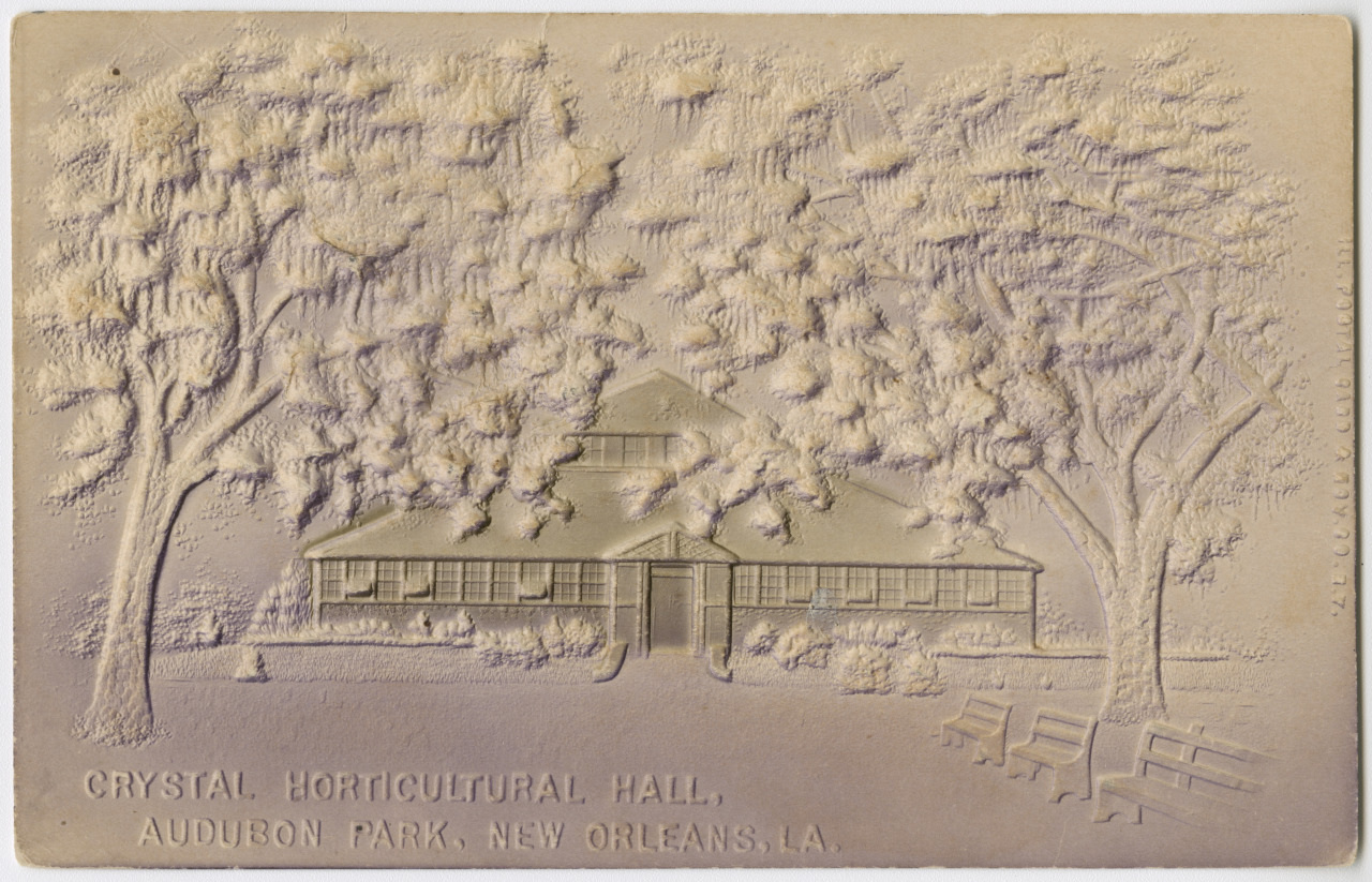 Embossed postcard depicting Crystal Horticultural Hall in Audubon Park, New Orleans, LA. The card shows a building surrounded by trees, with benches in the foreground.