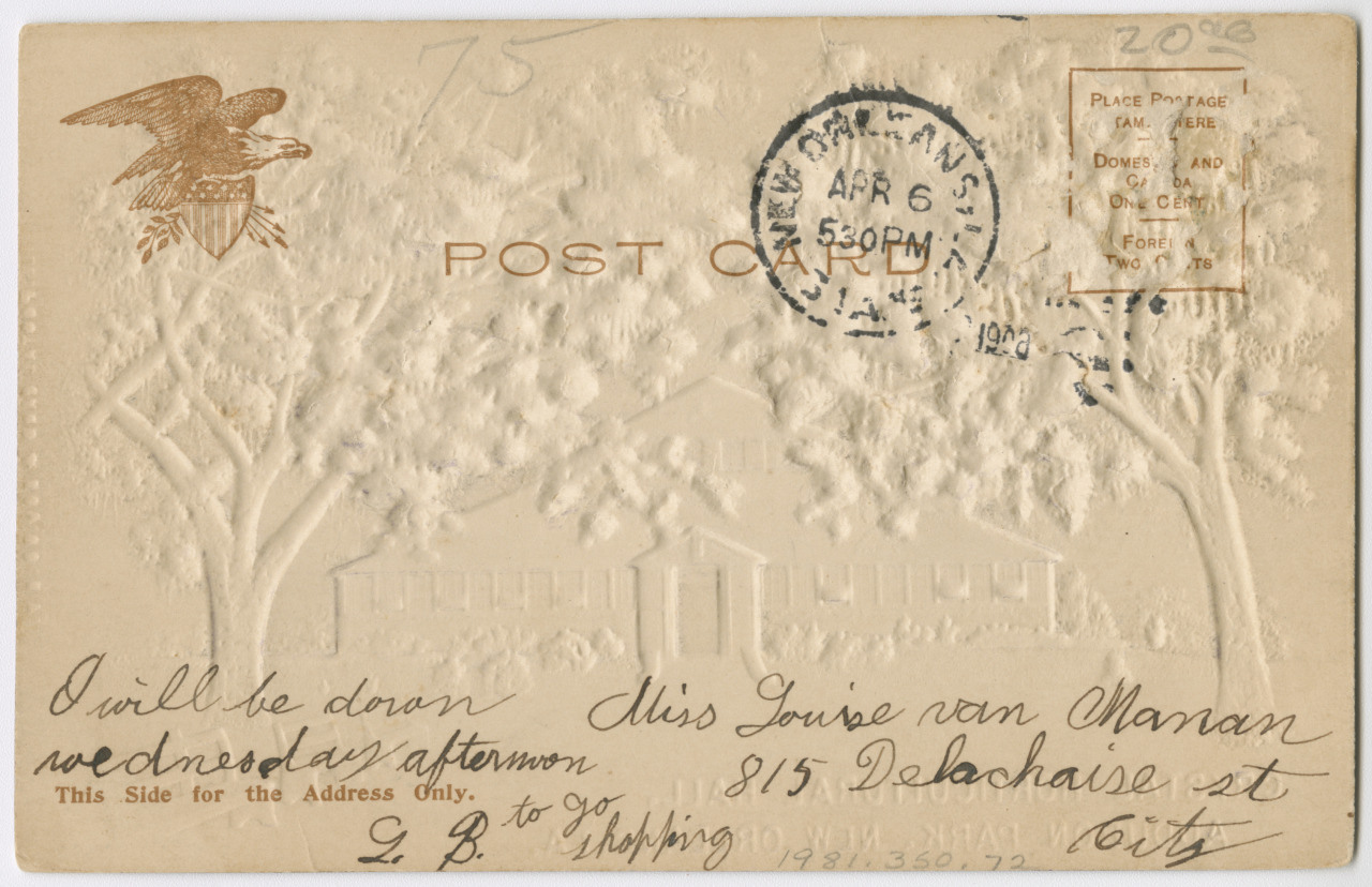 An embossed vintage postcard featuring a postal stamp dated April 6. It includes a handwritten note reading, I will be down Wednesday afternoon, sent to Miss Gurie van Maran, 815 Delaware St. The card features an eagle and building silhouette.