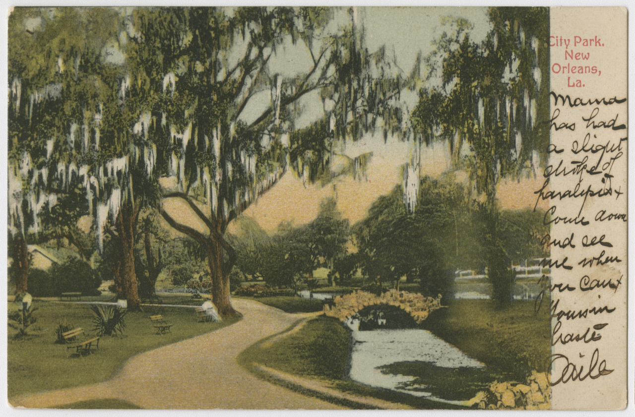 A vintage postcard of City Park, New Orleans, showing a serene pathway lined with benches, lush trees draped in moss, and a small pond. Handwritten text is visible on the right side.