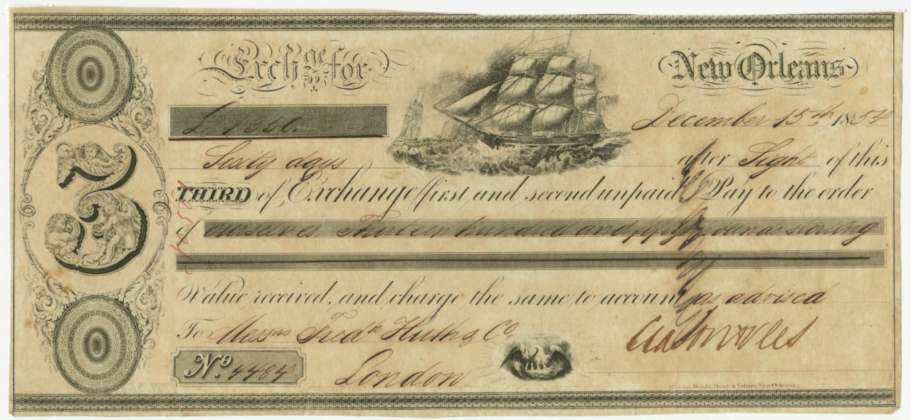 An antique financial document featuring ornate designs, printed text, and handwritten elements. It includes a drawing of a sailing ship and various monetary details, with visible handwriting and the city name New Orleans at the top.