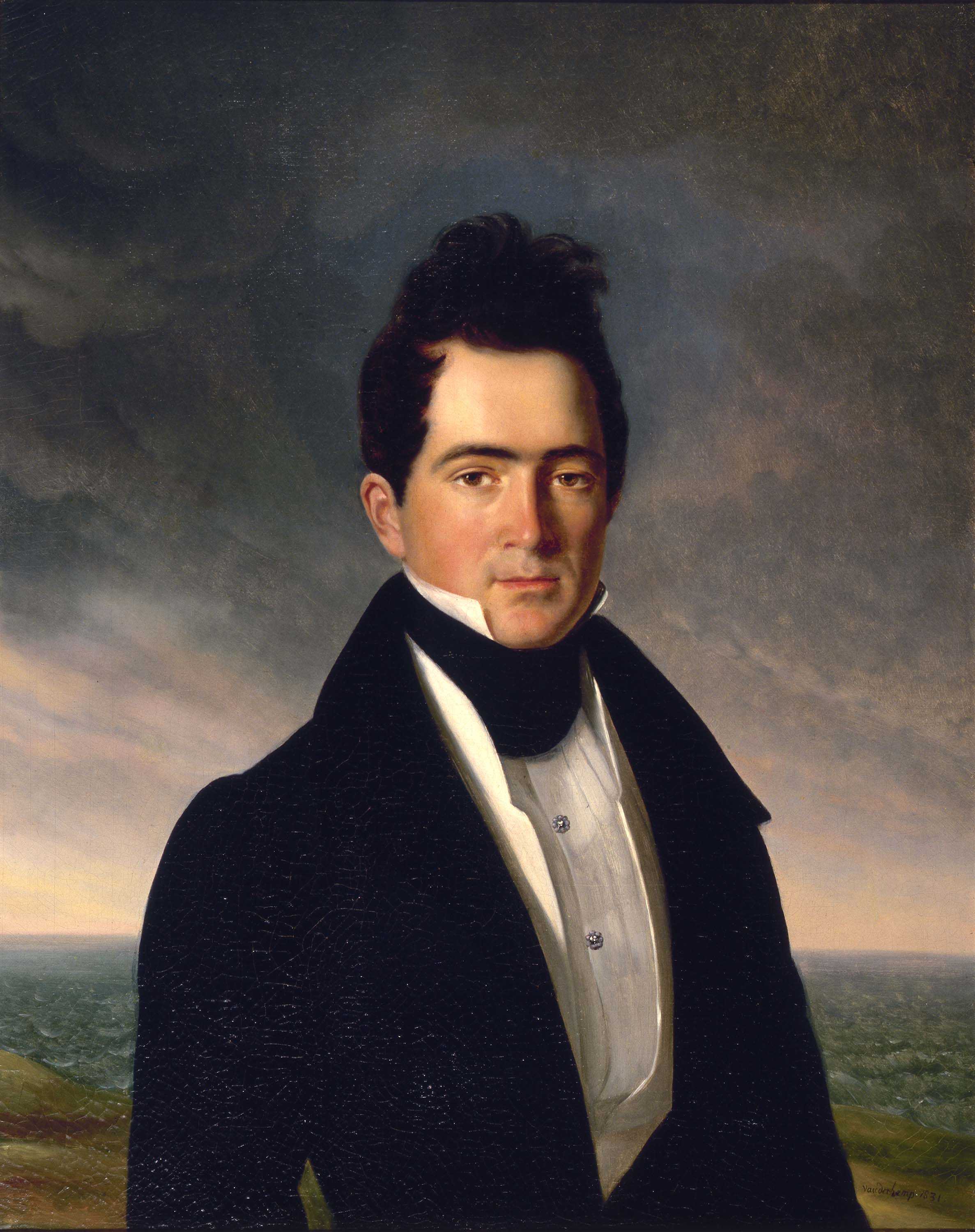 A 19th-century portrait of a man with dark hair wearing a black coat, white shirt, and black cravat. The background shows a cloudy sky and a distant body of water.