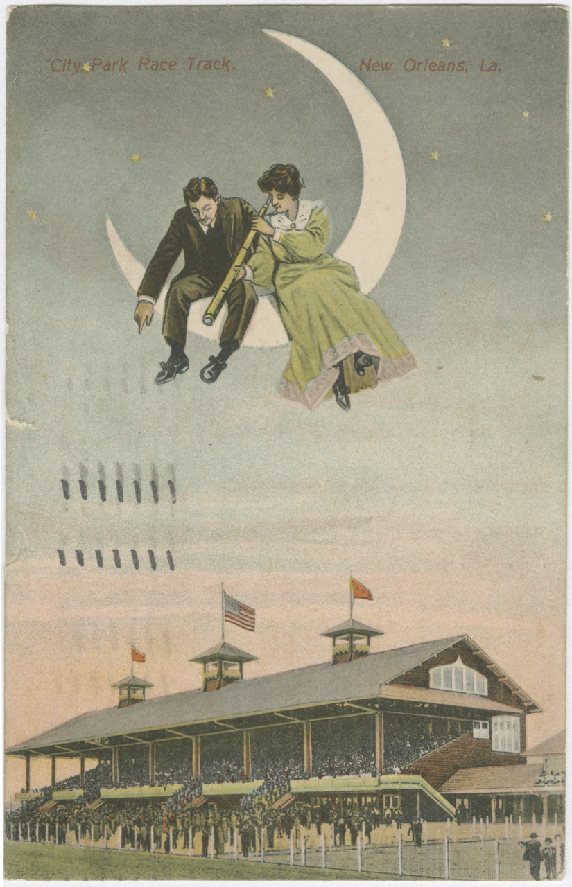A vintage postcard illustration features a man and woman sitting on a crescent moon overlooking the City Park Race Track in New Orleans, Louisiana. The track is populated with spectators and flags waving in the breeze.