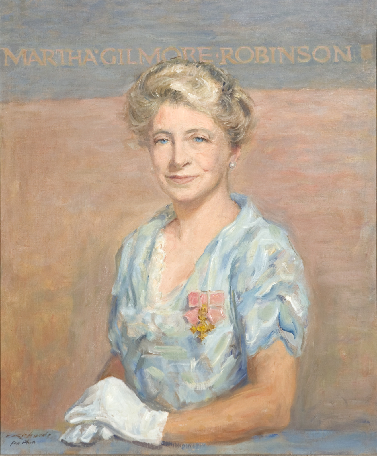 Portrait of a woman with short, wavy hair wearing a light blue dress and white gloves, adorned with a medal. The background is tan with Martha Gilmore-Robinson written at the top. She stands in a relaxed pose with a gentle smile.