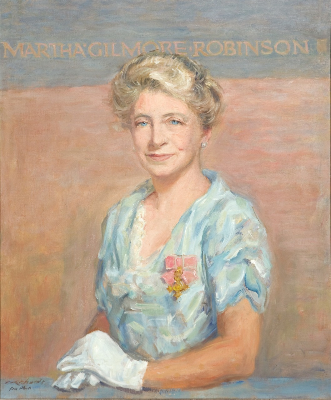 A portrait painting of a woman in a light blue dress with a lace collar, wearing white gloves and a medal. She has short gray hair and smiles slightly. The background is light brown with the name Martha Gilmore Robinson at the top.