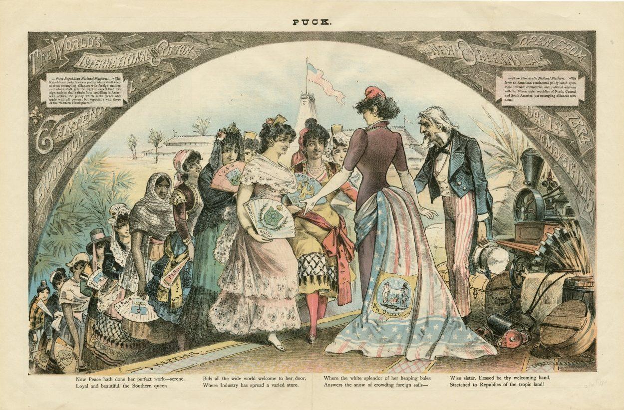 A vintage illustration of women in elaborate 19th-century outfits at a fictional womens exposition, with a leader-like figure presenting books to attendees. A diverse group includes a globe, showcasing themes of progress and education.