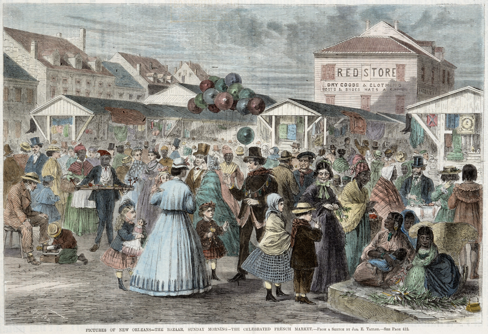 A colored wood engraving of the French Market, packed with people. In the foreground, a barefoot Black boy shines a white man's shoes. A Black man holds a tray with pinwheels and other small toys. A white man sells balloons to a well-to-do white woman with two small children. Several Indigenous women, one of them nursing a baby, sit with a bunch of leaves—perhaps herbs or tobacco—spread in front of them. In the background a crowd of people are milling around among market stalls full of clothing, rugs, and other wares.