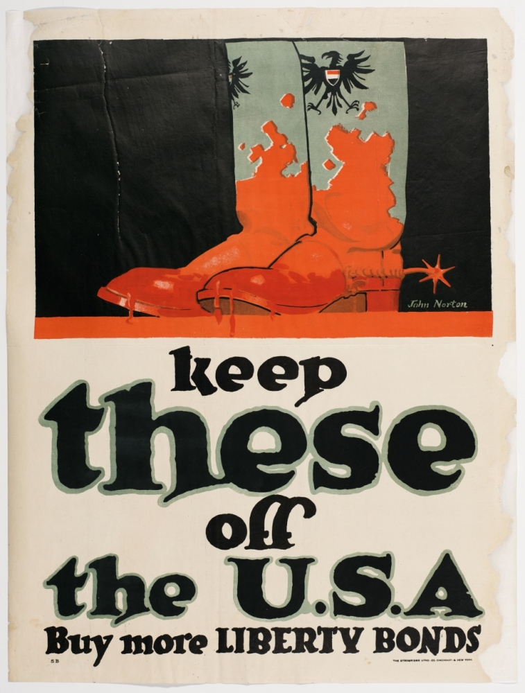 Vintage poster urging people to buy Liberty Bonds features a pair of red boots with spurs and a black eagle insignia, symbolizing a threat. The text reads, Keep these off the U.S.A. Buy more Liberty Bonds.
