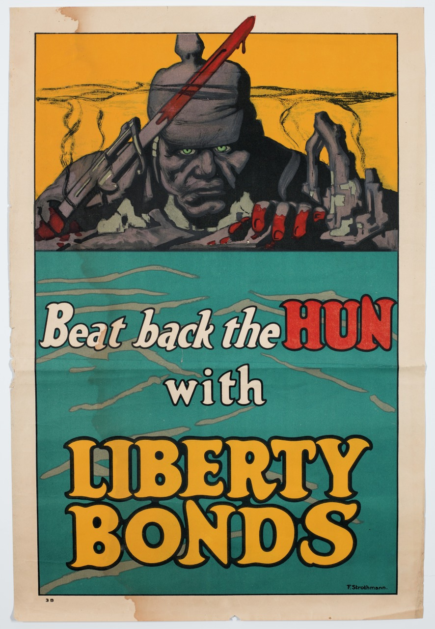 Vintage propaganda poster showing a menacing soldier with a bloody bayonet surfacing from water, beside destroyed buildings. The text reads, Beat back the Hun with Liberty Bonds in bold letters.