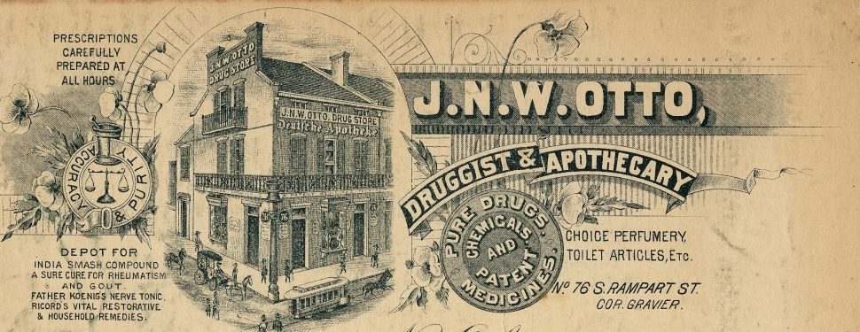 A vintage advertisement featuring J.N.W. Otto Druggist & Apothecary with an illustration of a two-story building. The ad highlights services like chemical patents, drugs, perfumery, and toilet articles, and includes decorative elements and typography.