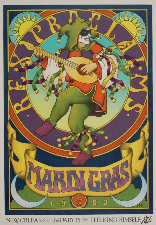Colorful Mardi Gras poster depicting a jester with a lute, surrounded by a circular design with the text Rex Proclaims. The bottom reads Mardi Gras 1983, New Orleans, February 15, by the King Himself.