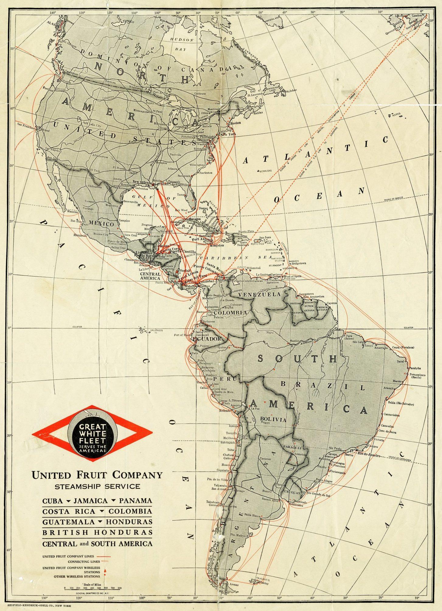 A vintage map of the Americas showcasing the United Fruit Company steamship routes. Routes are in red, highlighting connections between the U.S., Caribbean, and Latin American countries. Text lists destinations like Cuba, Jamaica, and Panama.