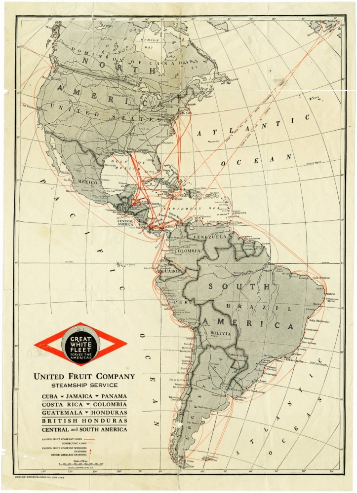 Vintage world map showing United Fruit Company steamship routes across the Americas, highlighted by red lines. Includes parts of North and South America, with major routes connecting the Caribbean and Central America to the US. Includes company logo.