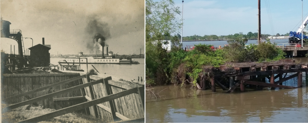 A split image showing a historic Mississippi River scene with a steamboat on the left and a modern-day view of the river with an overgrown wooden structure on the right.