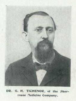 Black and white portrait of Dr. G. H. Tichenor from Sherrouse Medicine Company. Dr. Tichenor has a beard and is wearing a dark suit and bow tie.