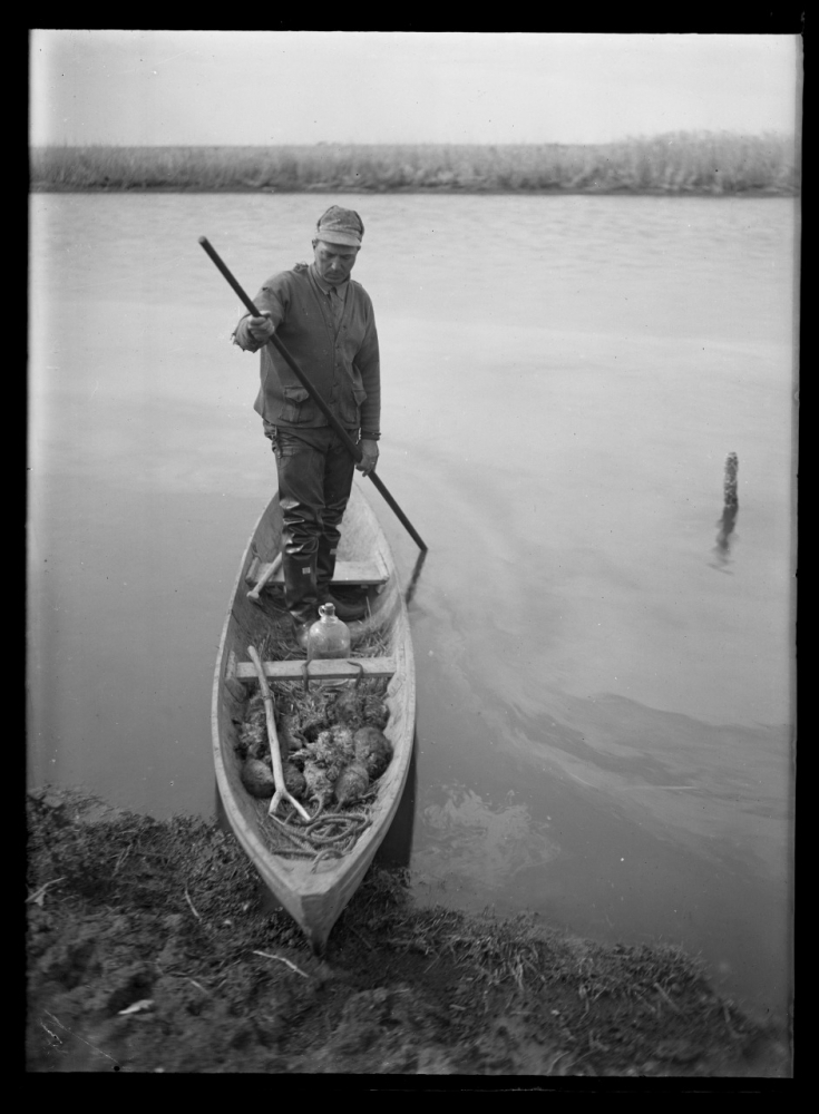 A man stands in a small wooden boat on a river, holding a pole. The boat contains a pile of harvest goods, including shellfish and a jug. The riverbank is visible in the foreground, and reeds are in the background.