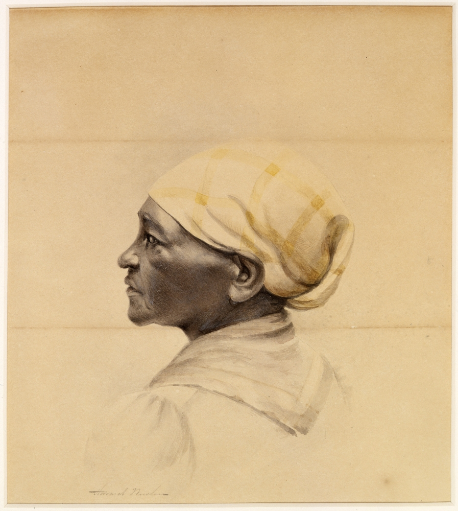A sepia-toned portrait of an elderly woman in profile, wearing a light-colored headscarf. The background is plain, highlighting her detailed features and the soft texture of the drawing.