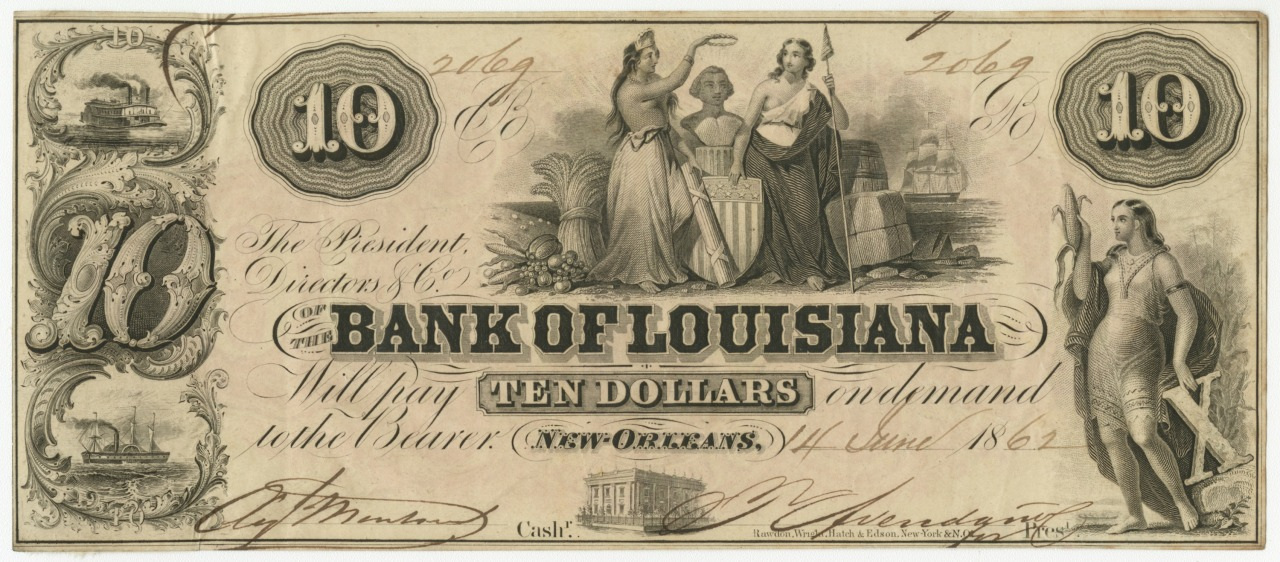A vintage ten-dollar banknote from the Bank of Louisiana, dated June 1862. It features detailed engravings, including allegorical figures, a steamboat, and a building, with ornate script and signatures.