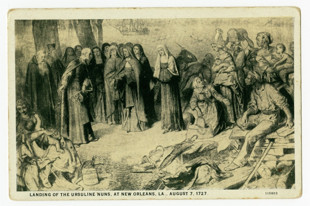 A historical illustration depicting the landing of Ursuline nuns in New Orleans on August 7, 1727. The scene shows the nuns in habits, interacting with a group of indigenous people and settlers onshore, with a ship in the background.