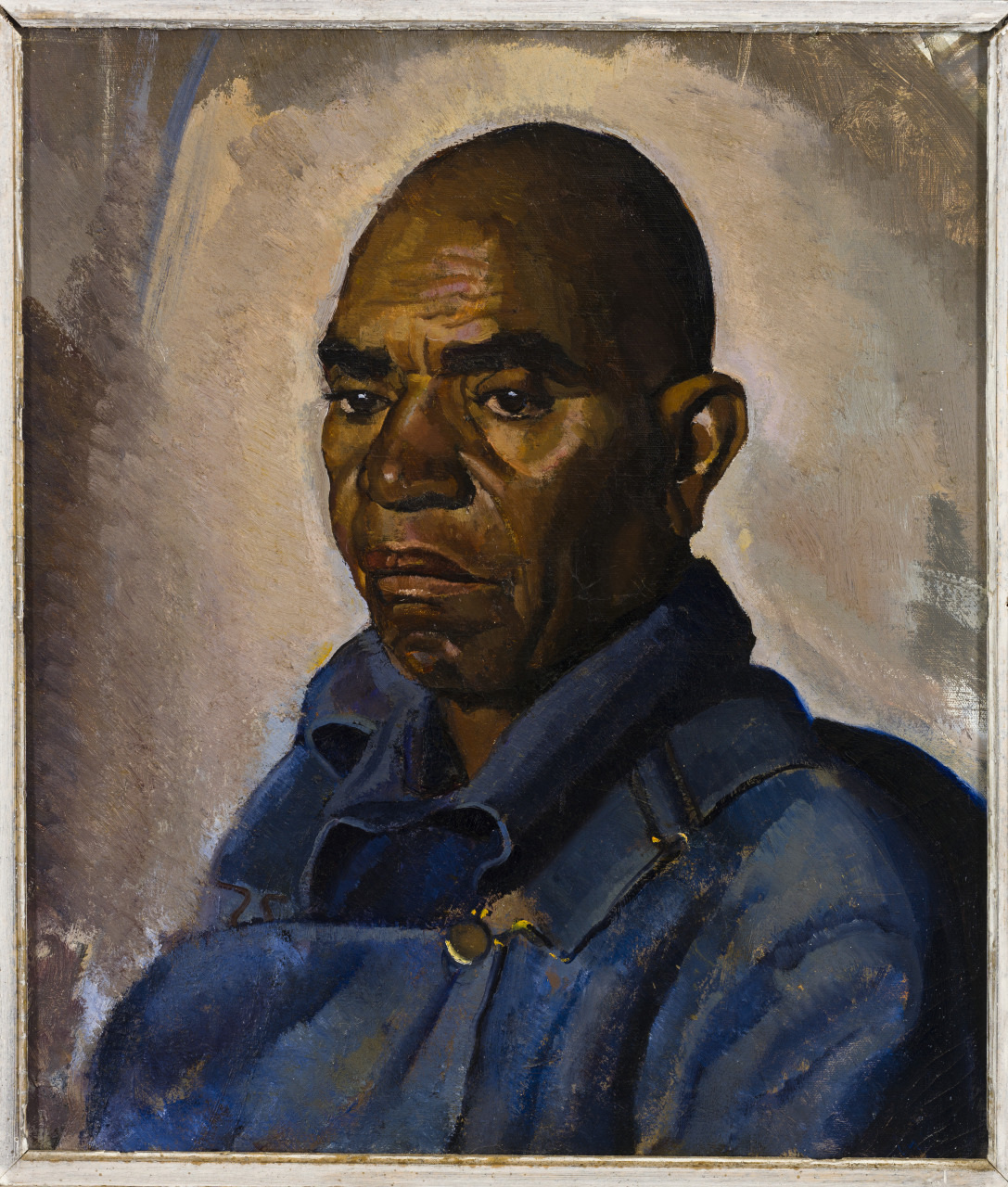 A portrait painting of a man with a serious expression. He is wearing a blue garment, and the background is a blend of muted colors. The style is realistic, with an emphasis on strong facial features and shadows.